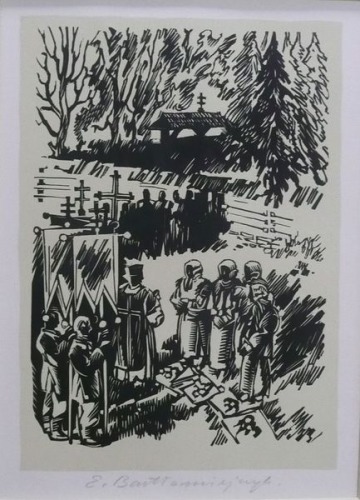 Bartłomiejczyk Edmund - Pogrzeb huculski, drzeworyt, 1938